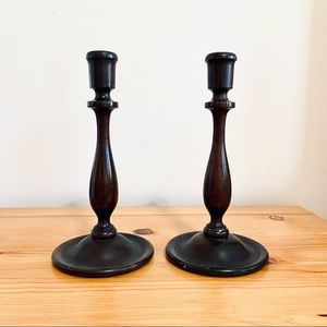 Antique 1930s Dark Wood Candlesticks Holders Handmade Classic Traditional